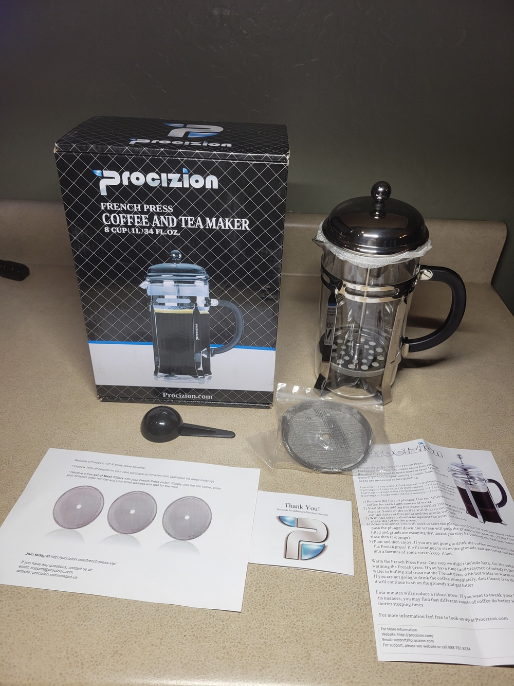 Procizion French Press Coffee and Tea Maker - borosilicate glass 34 Fl Oz